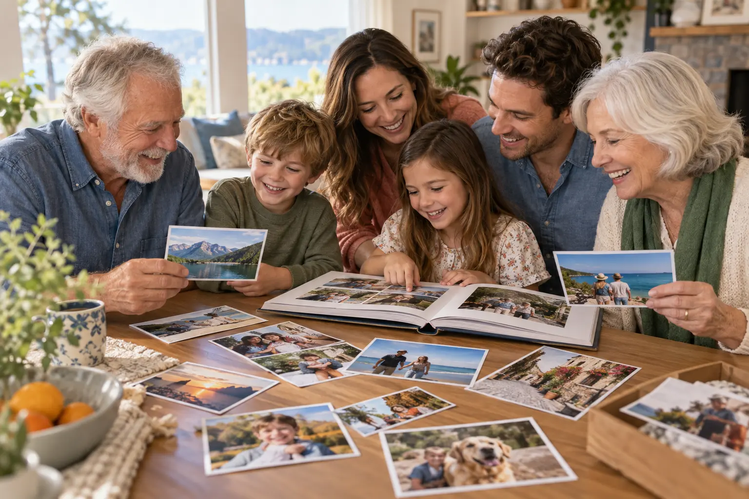 family looking through freshly printed photographs